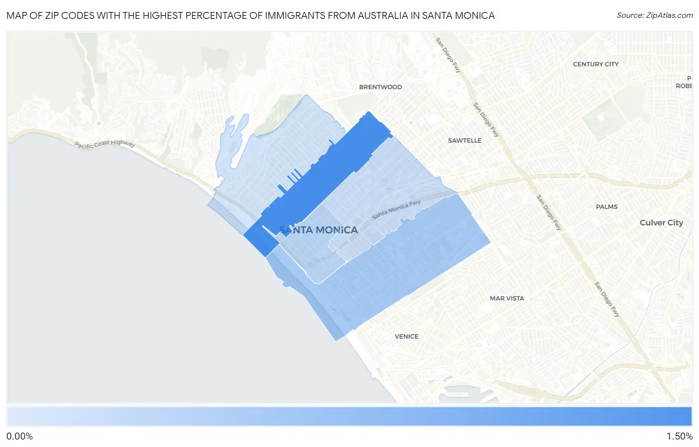Zip Codes with the Highest Percentage of Immigrants from Australia in Santa Monica Map