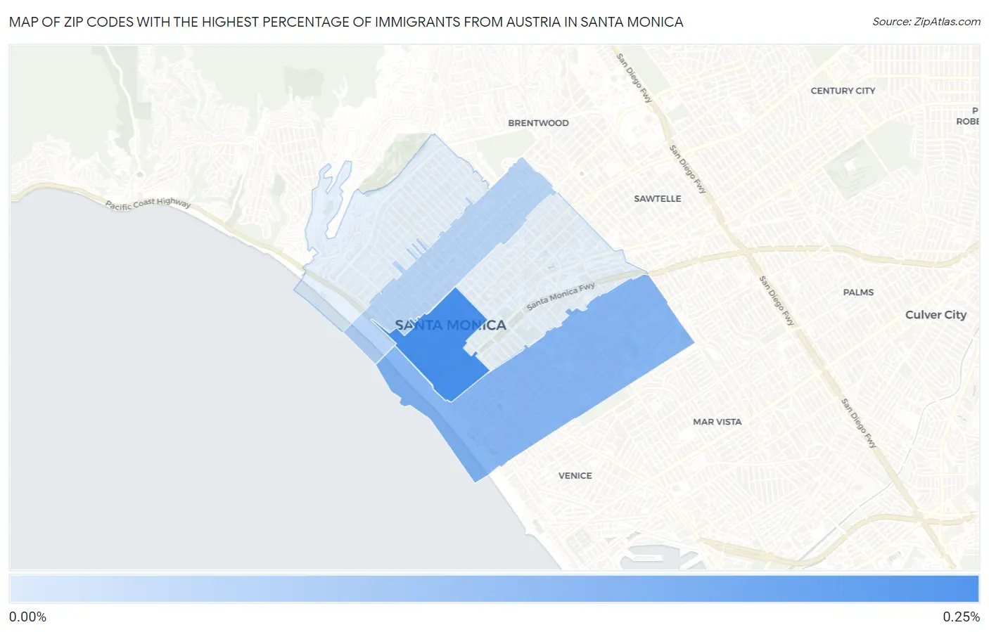 Zip Codes with the Highest Percentage of Immigrants from Austria in Santa Monica Map