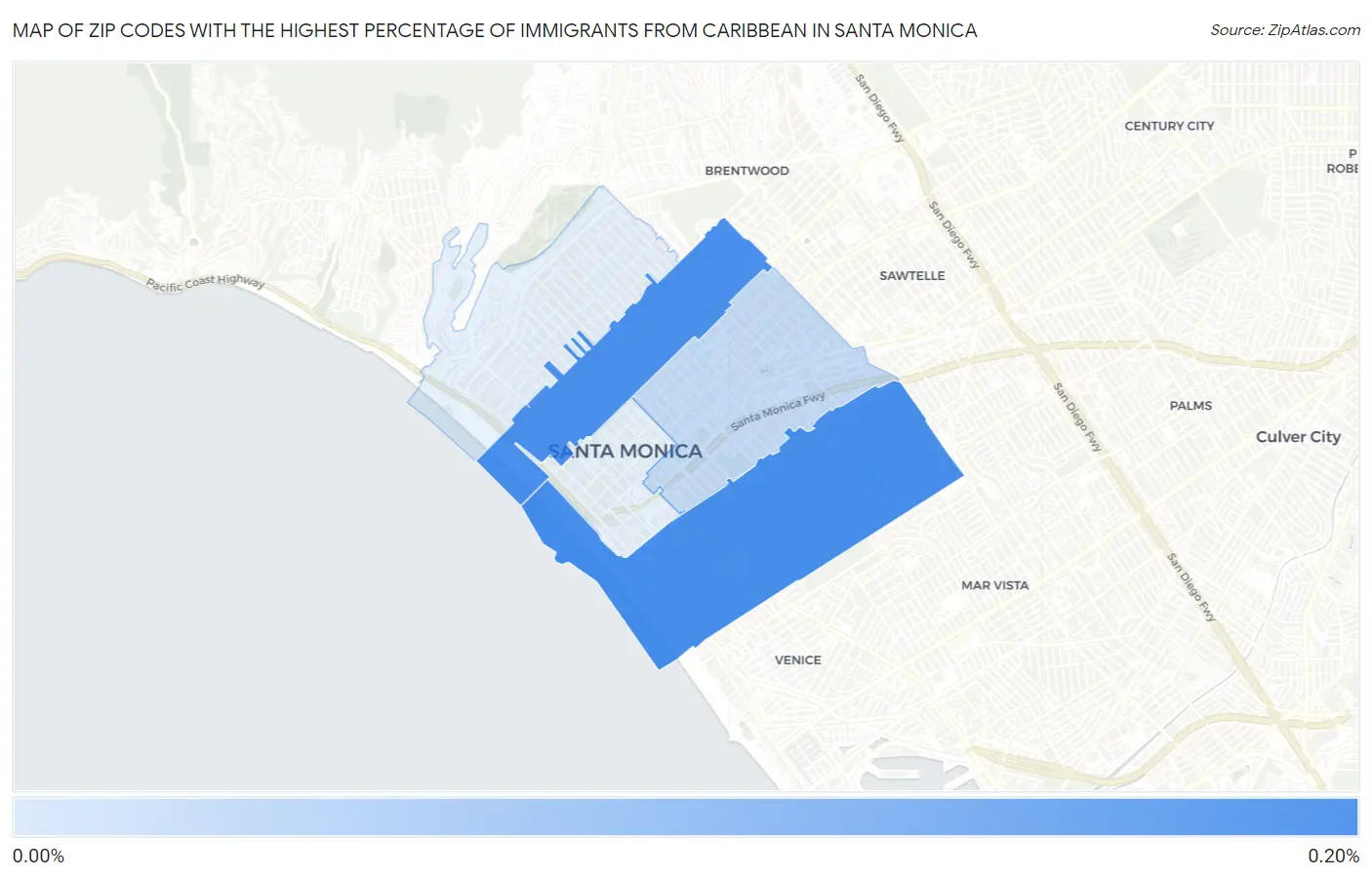 Zip Codes with the Highest Percentage of Immigrants from Caribbean in Santa Monica Map