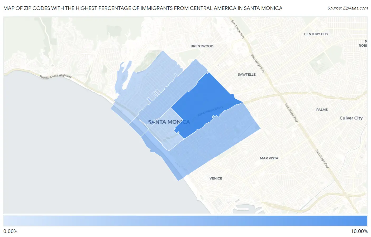 Zip Codes with the Highest Percentage of Immigrants from Central America in Santa Monica Map