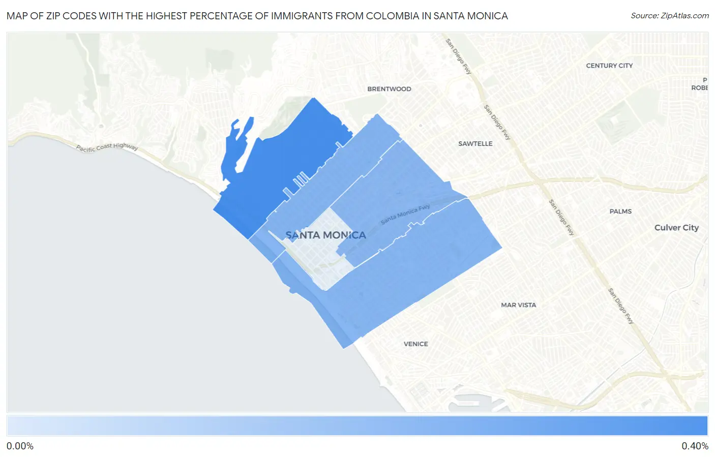 Zip Codes with the Highest Percentage of Immigrants from Colombia in Santa Monica Map