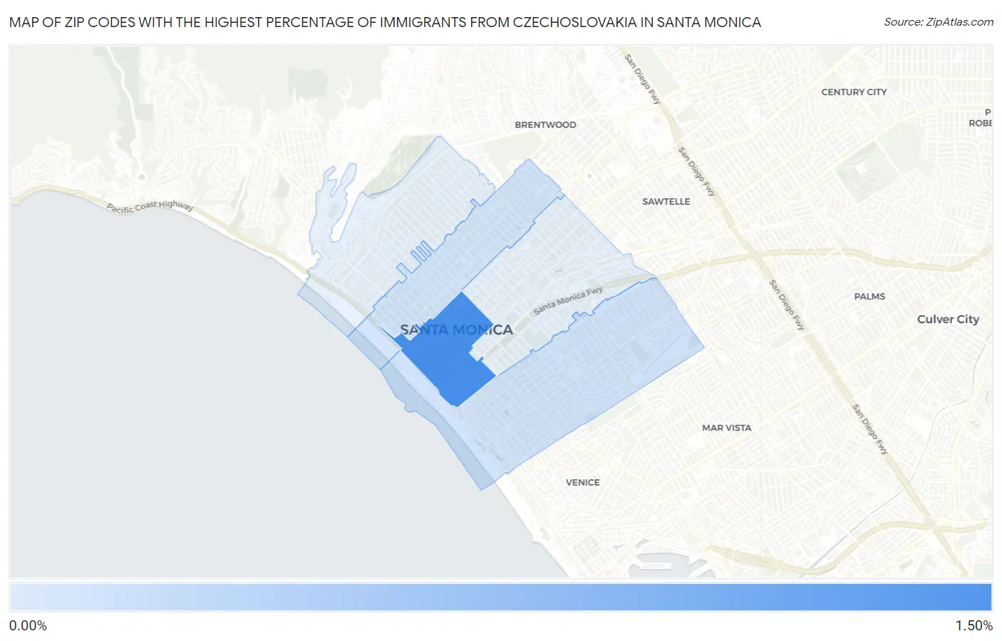 Zip Codes with the Highest Percentage of Immigrants from Czechoslovakia in Santa Monica Map