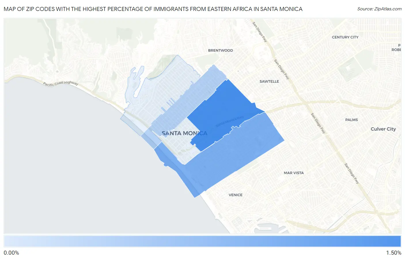 Zip Codes with the Highest Percentage of Immigrants from Eastern Africa in Santa Monica Map