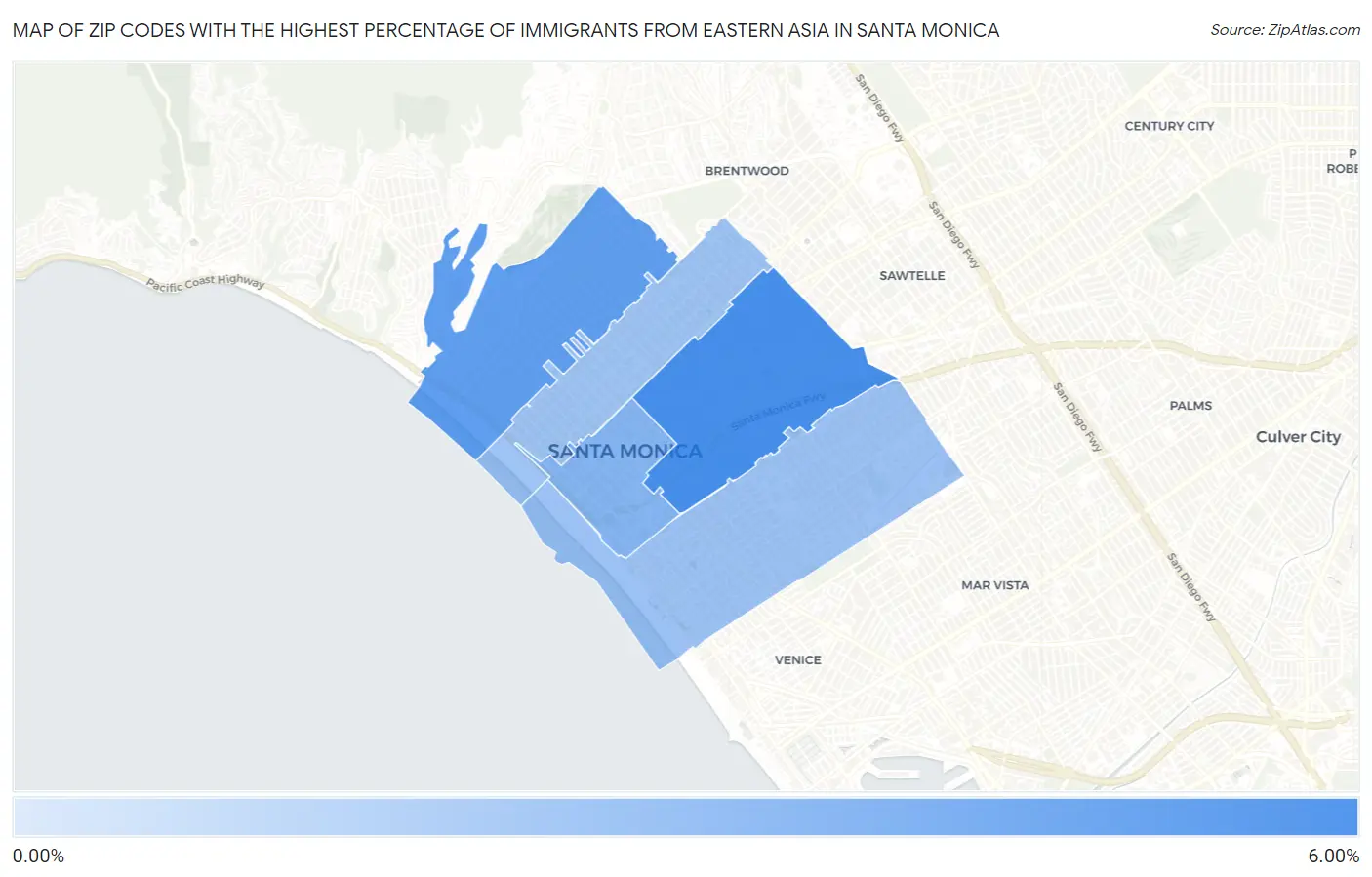Zip Codes with the Highest Percentage of Immigrants from Eastern Asia in Santa Monica Map