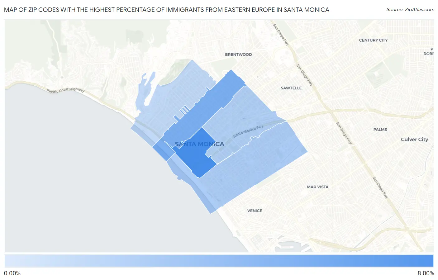 Zip Codes with the Highest Percentage of Immigrants from Eastern Europe in Santa Monica Map