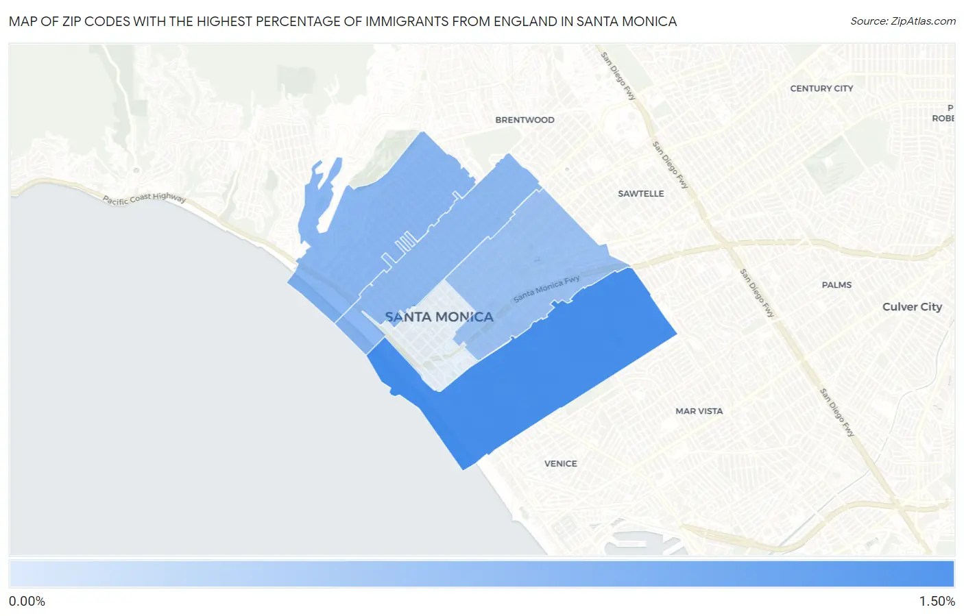 Zip Codes with the Highest Percentage of Immigrants from England in Santa Monica Map