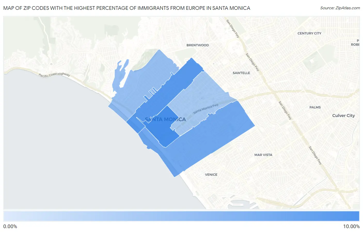 Zip Codes with the Highest Percentage of Immigrants from Europe in Santa Monica Map