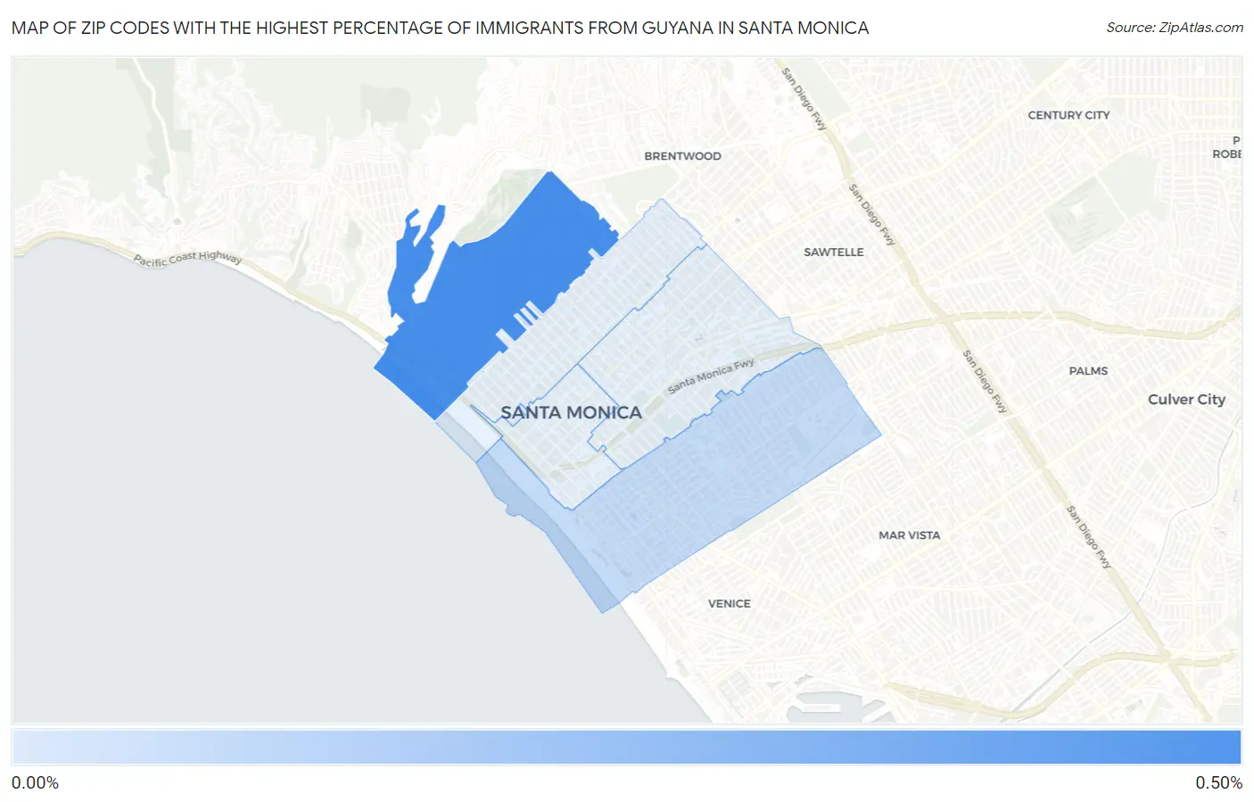 Zip Codes with the Highest Percentage of Immigrants from Guyana in Santa Monica Map