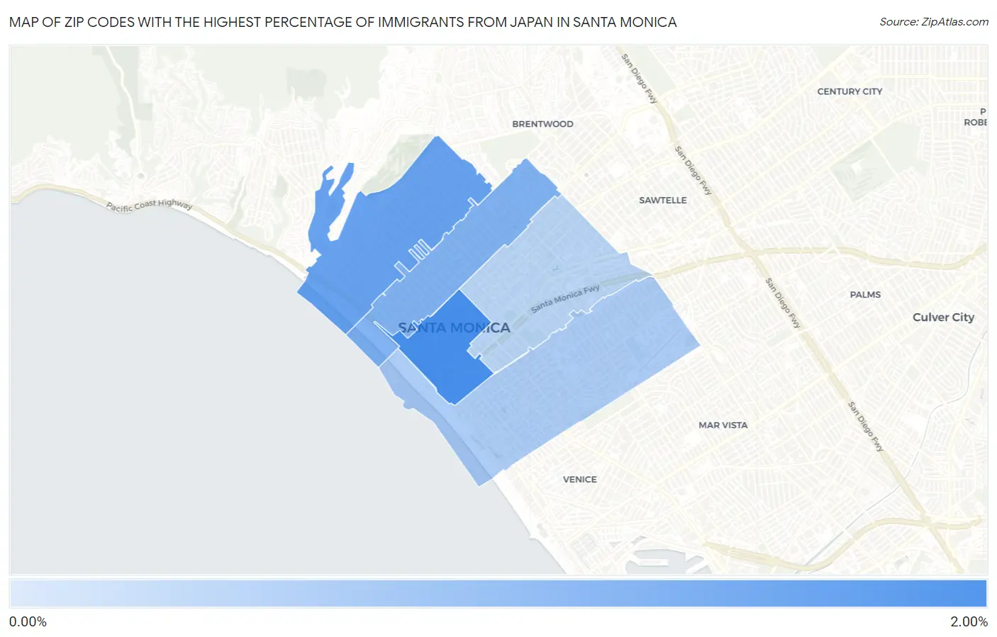 Zip Codes with the Highest Percentage of Immigrants from Japan in Santa Monica Map