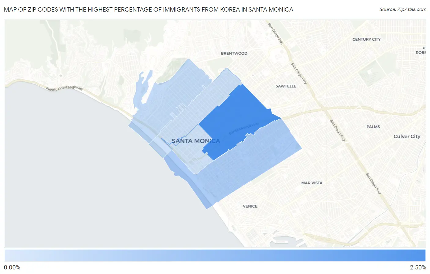 Zip Codes with the Highest Percentage of Immigrants from Korea in Santa Monica Map