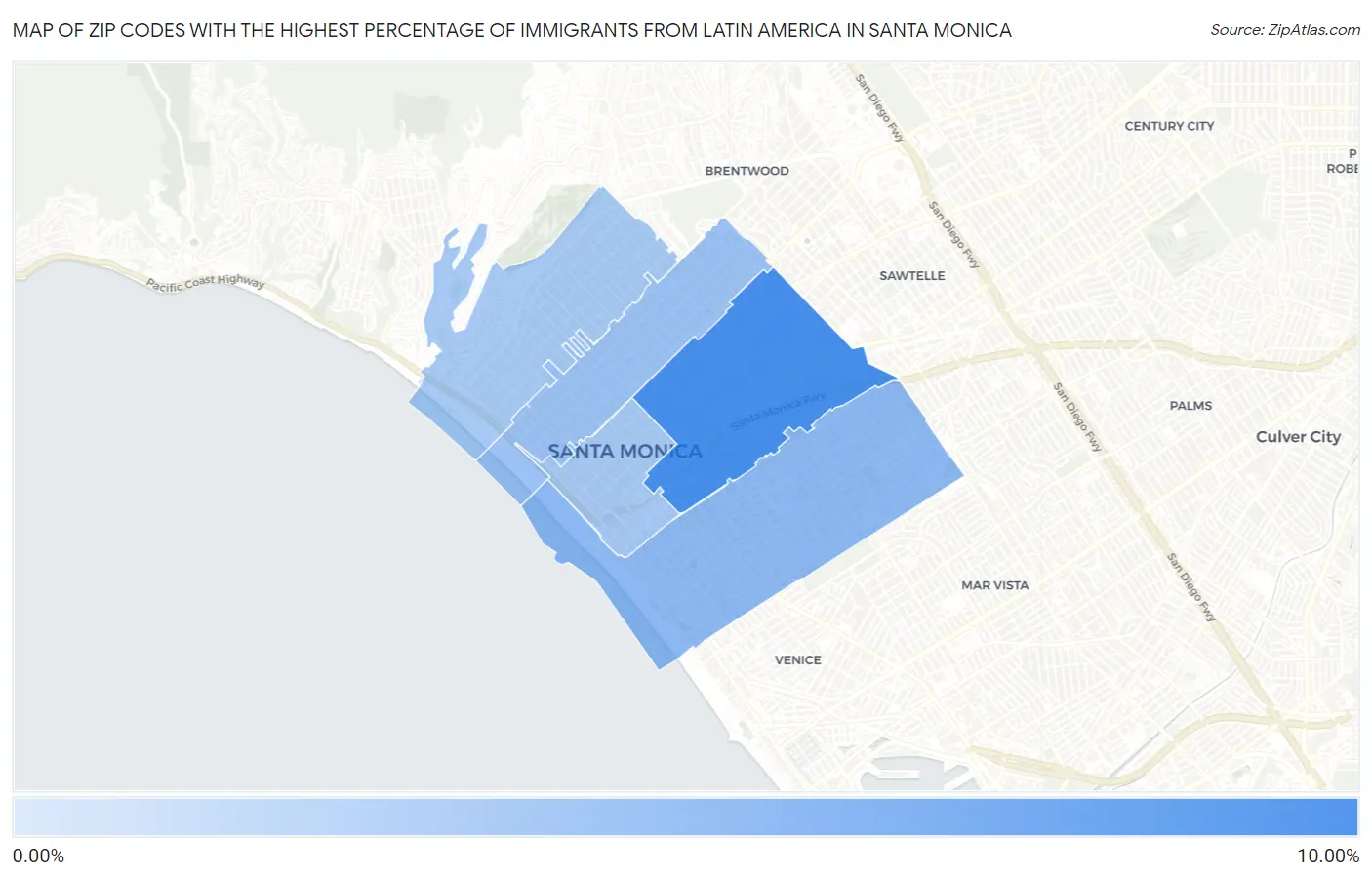 Zip Codes with the Highest Percentage of Immigrants from Latin America in Santa Monica Map
