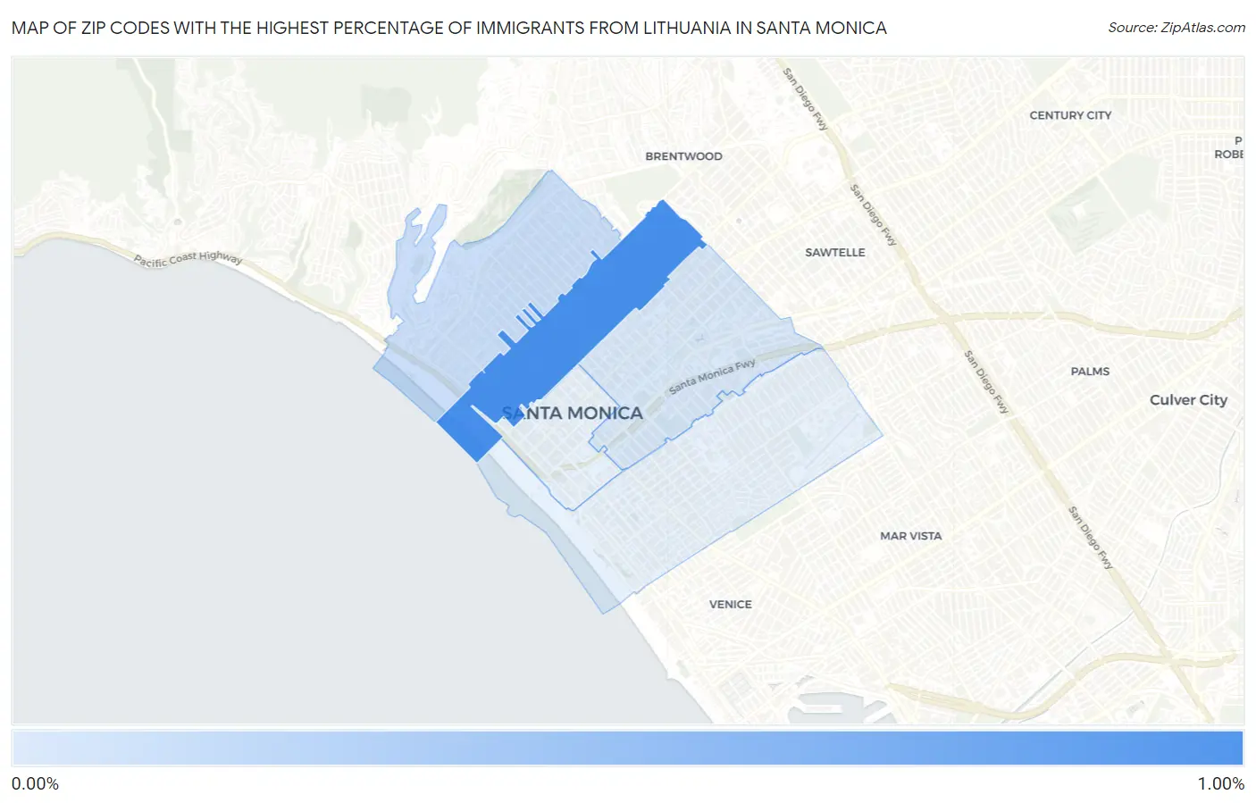 Zip Codes with the Highest Percentage of Immigrants from Lithuania in Santa Monica Map