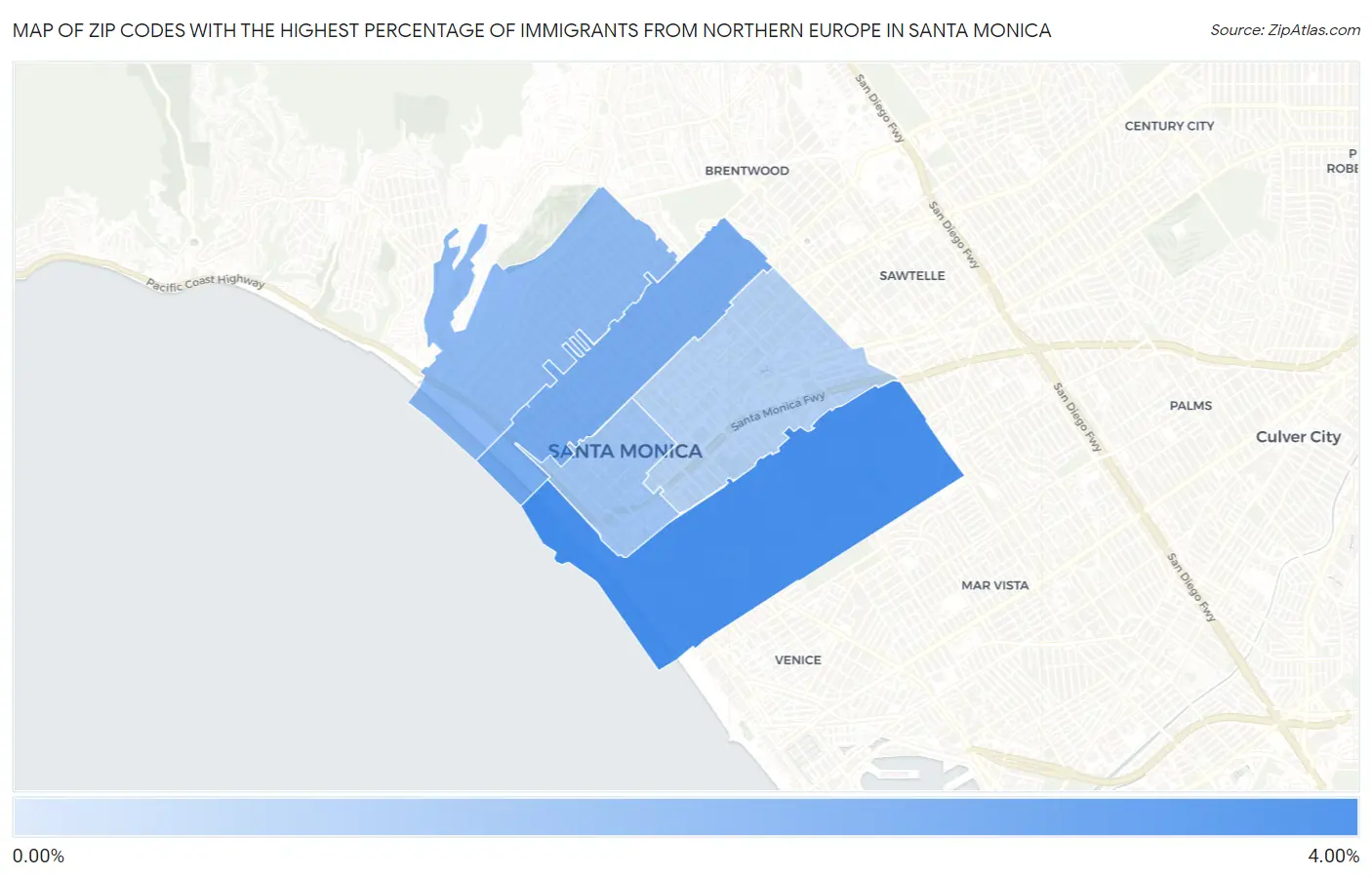 Zip Codes with the Highest Percentage of Immigrants from Northern Europe in Santa Monica Map