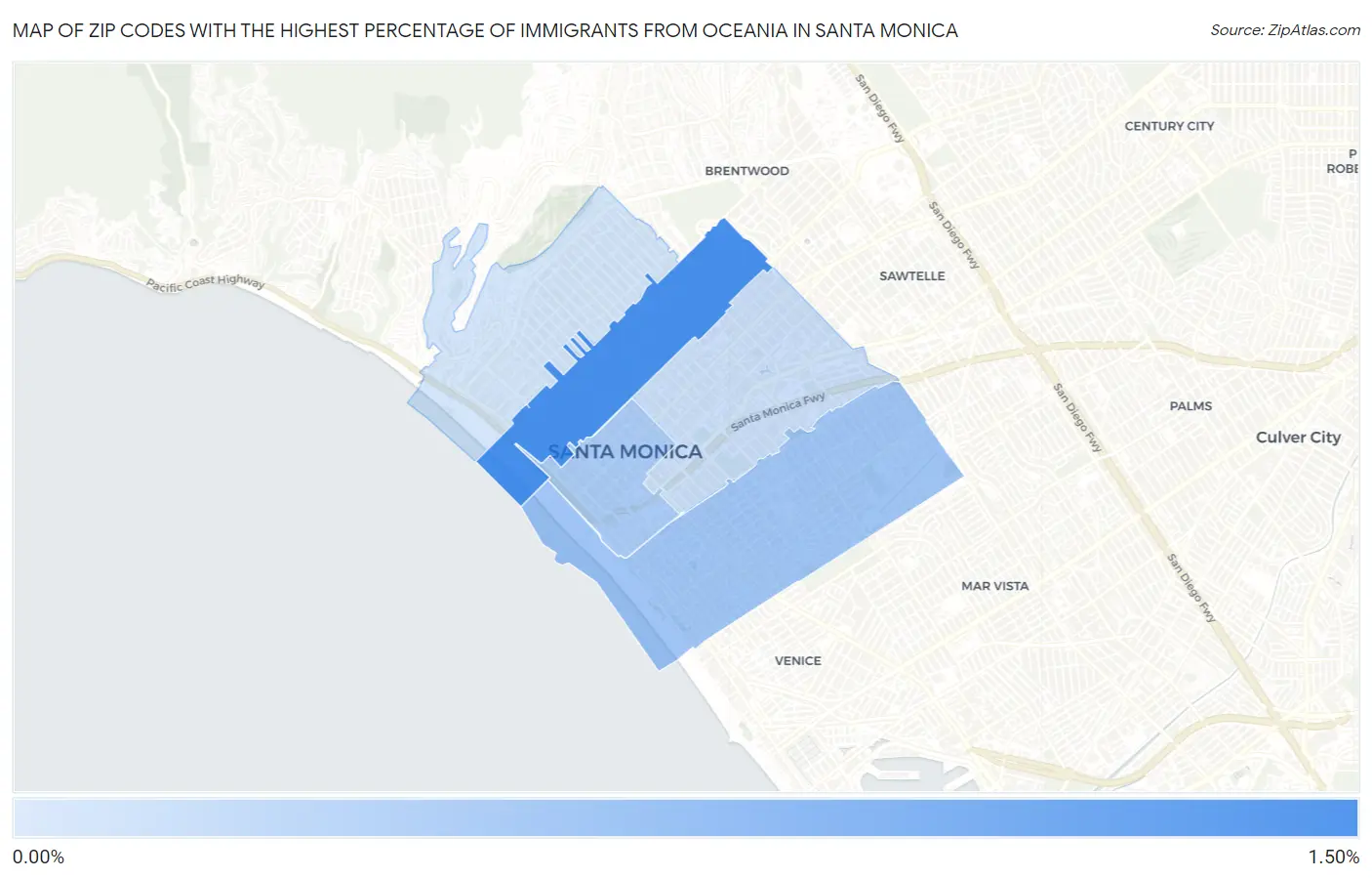 Zip Codes with the Highest Percentage of Immigrants from Oceania in Santa Monica Map