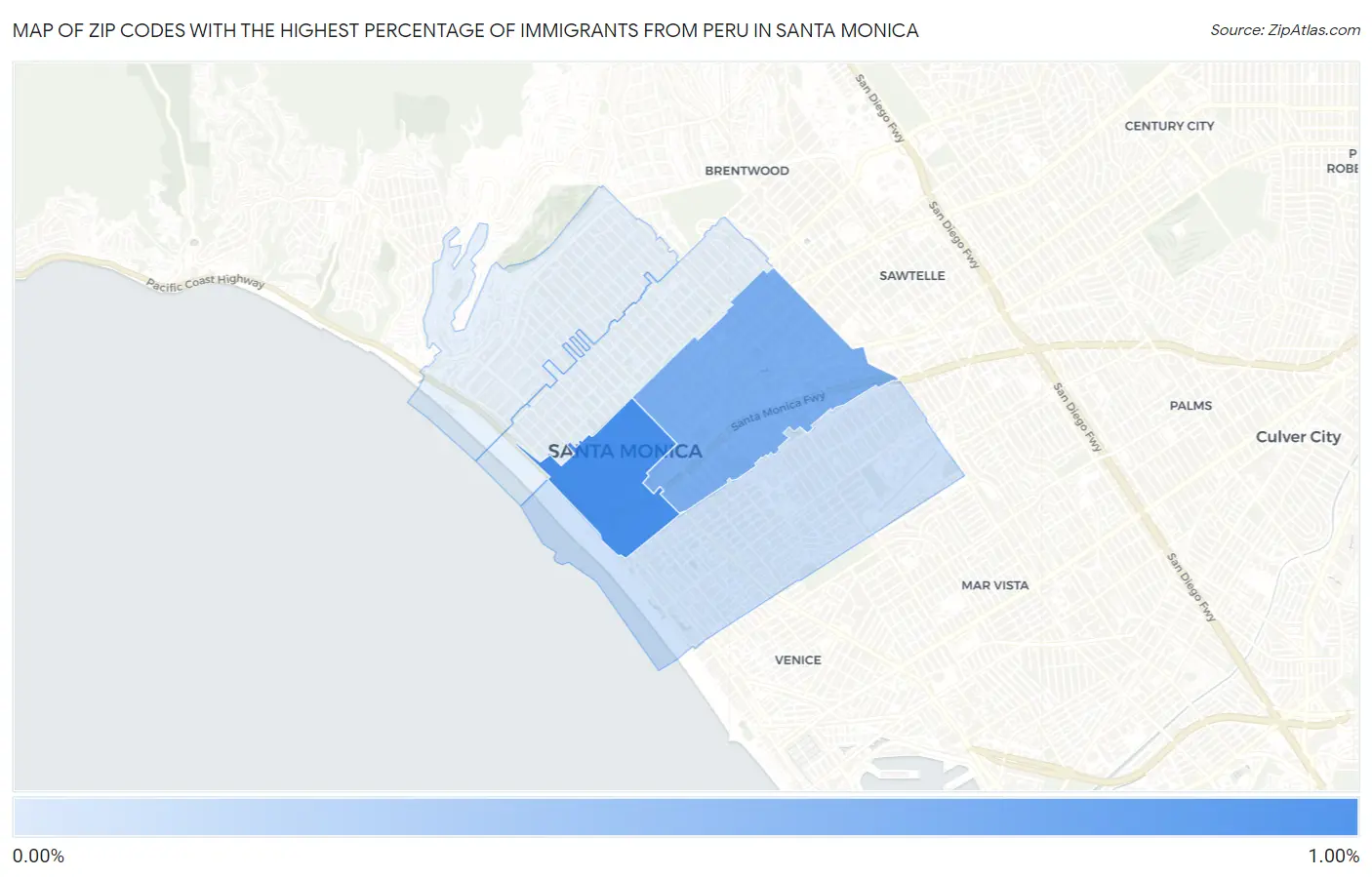 Zip Codes with the Highest Percentage of Immigrants from Peru in Santa Monica Map