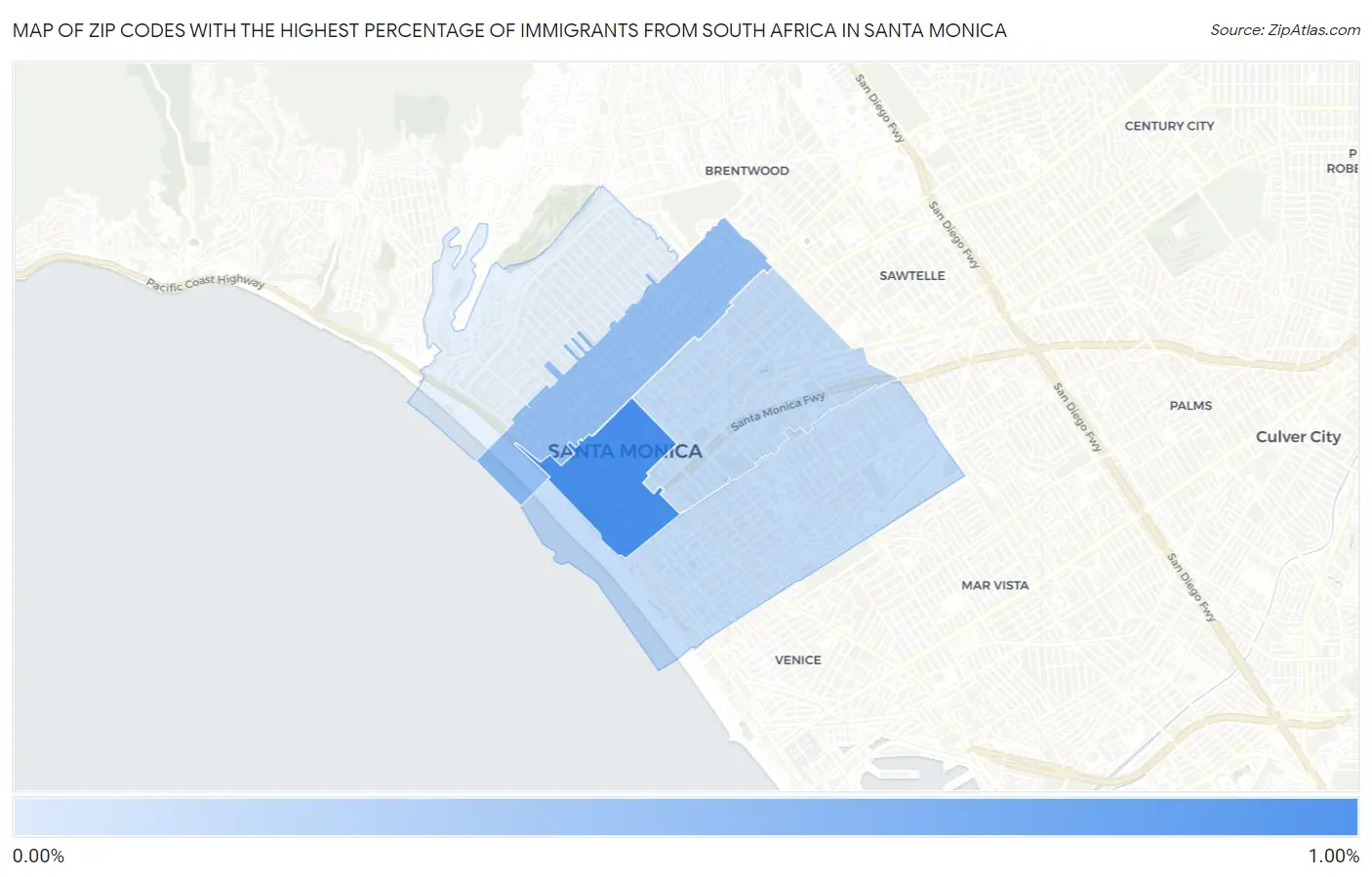 Zip Codes with the Highest Percentage of Immigrants from South Africa in Santa Monica Map