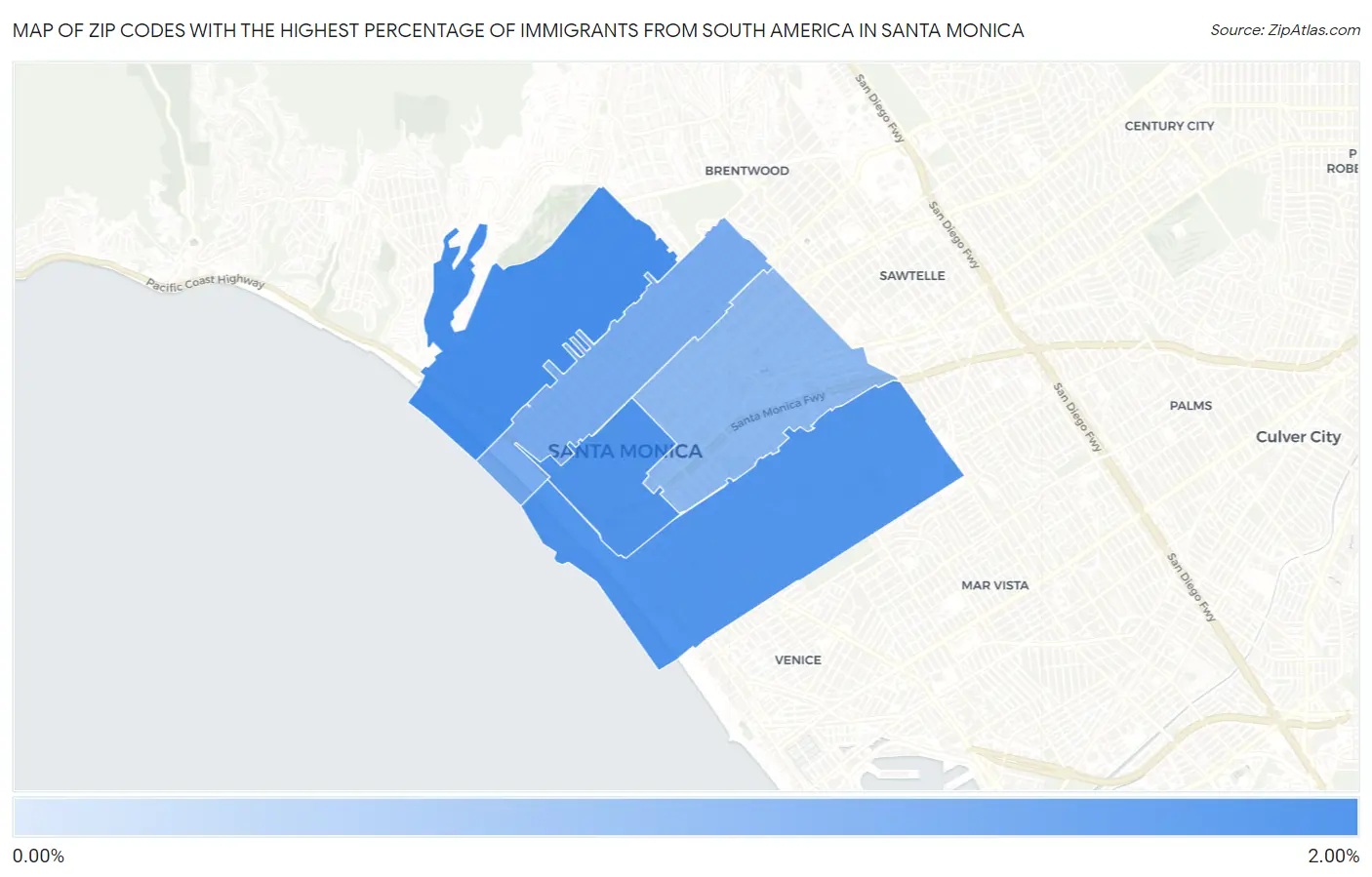 Zip Codes with the Highest Percentage of Immigrants from South America in Santa Monica Map