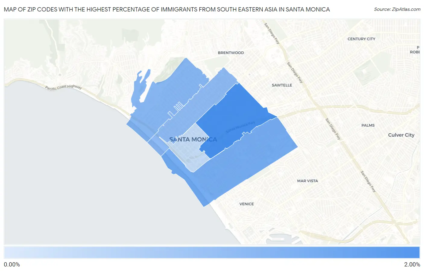 Zip Codes with the Highest Percentage of Immigrants from South Eastern Asia in Santa Monica Map