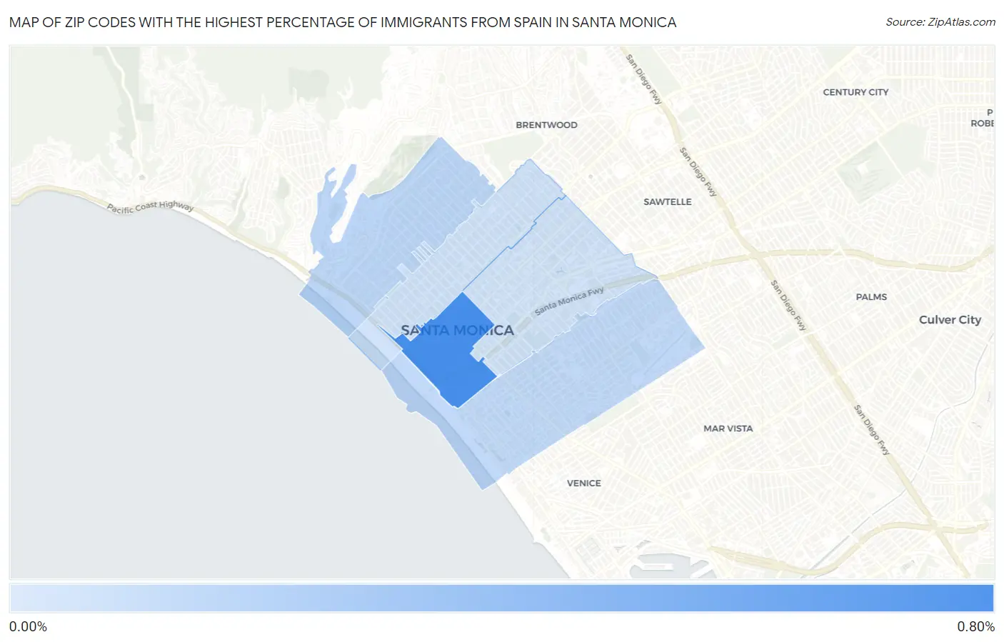 Zip Codes with the Highest Percentage of Immigrants from Spain in Santa Monica Map