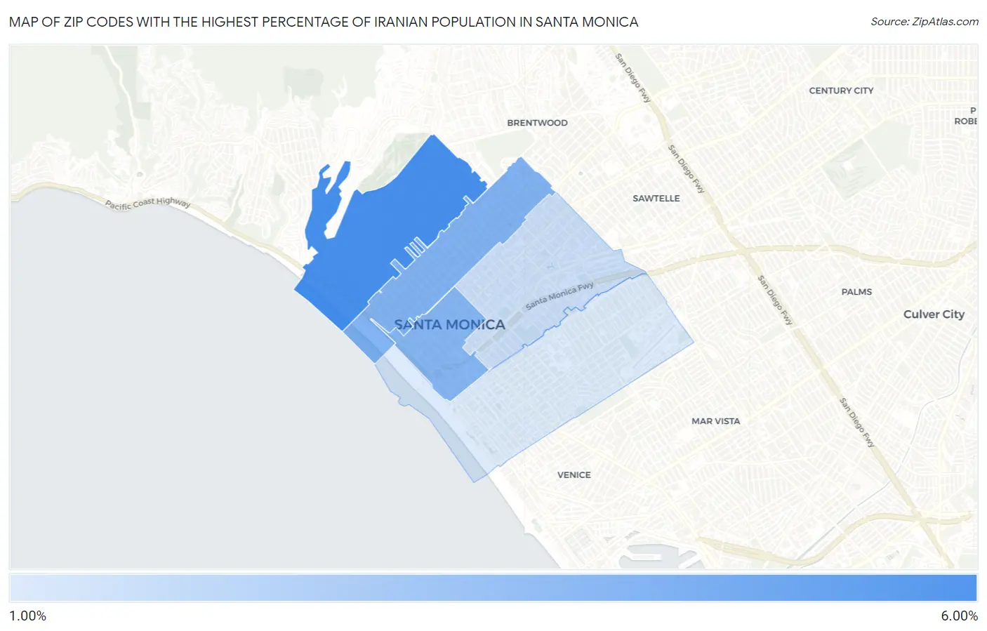 Zip Codes with the Highest Percentage of Iranian Population in Santa Monica Map