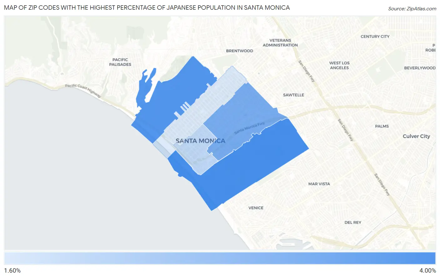 Zip Codes with the Highest Percentage of Japanese Population in Santa Monica Map