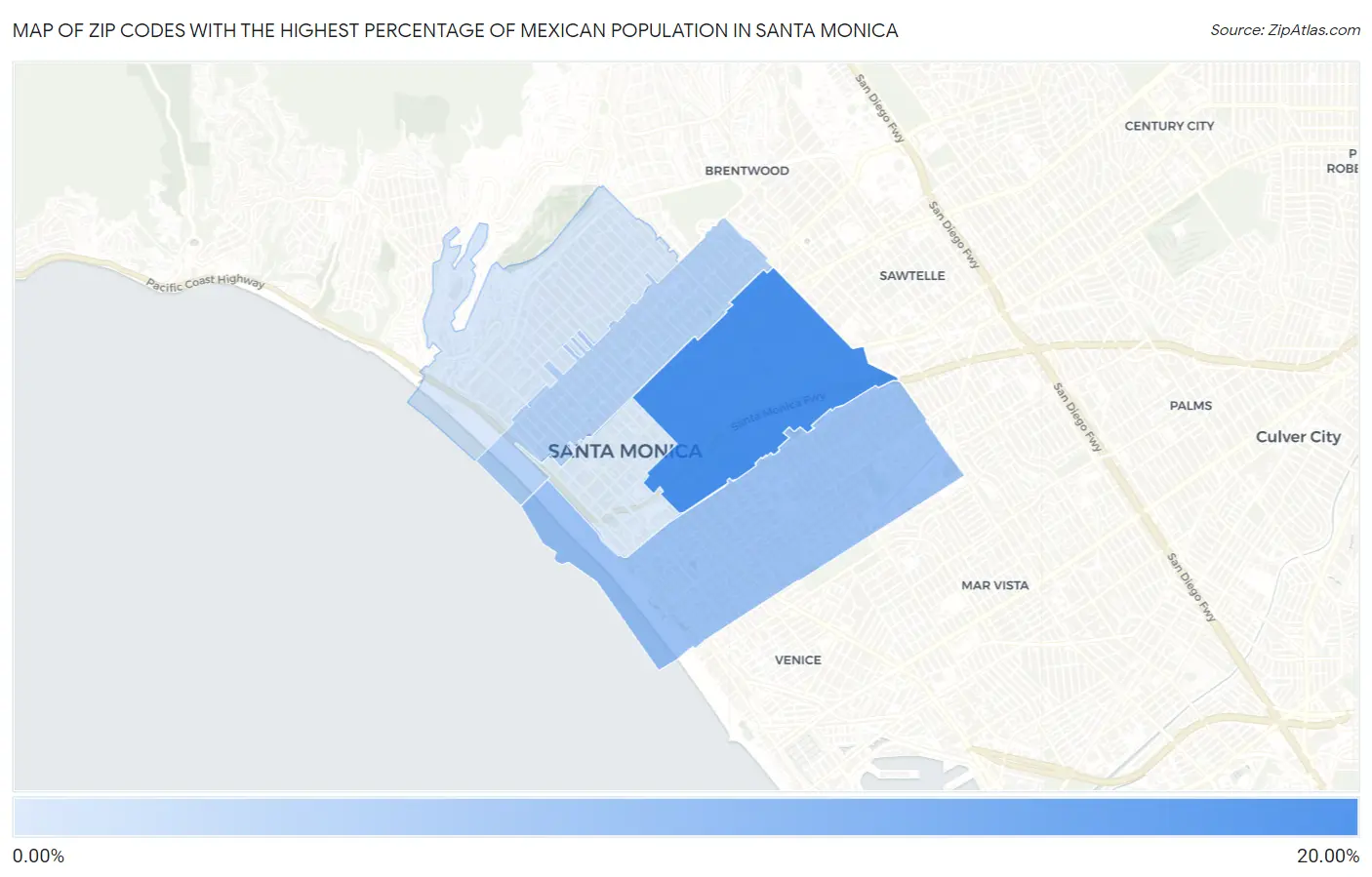 Zip Codes with the Highest Percentage of Mexican Population in Santa Monica Map