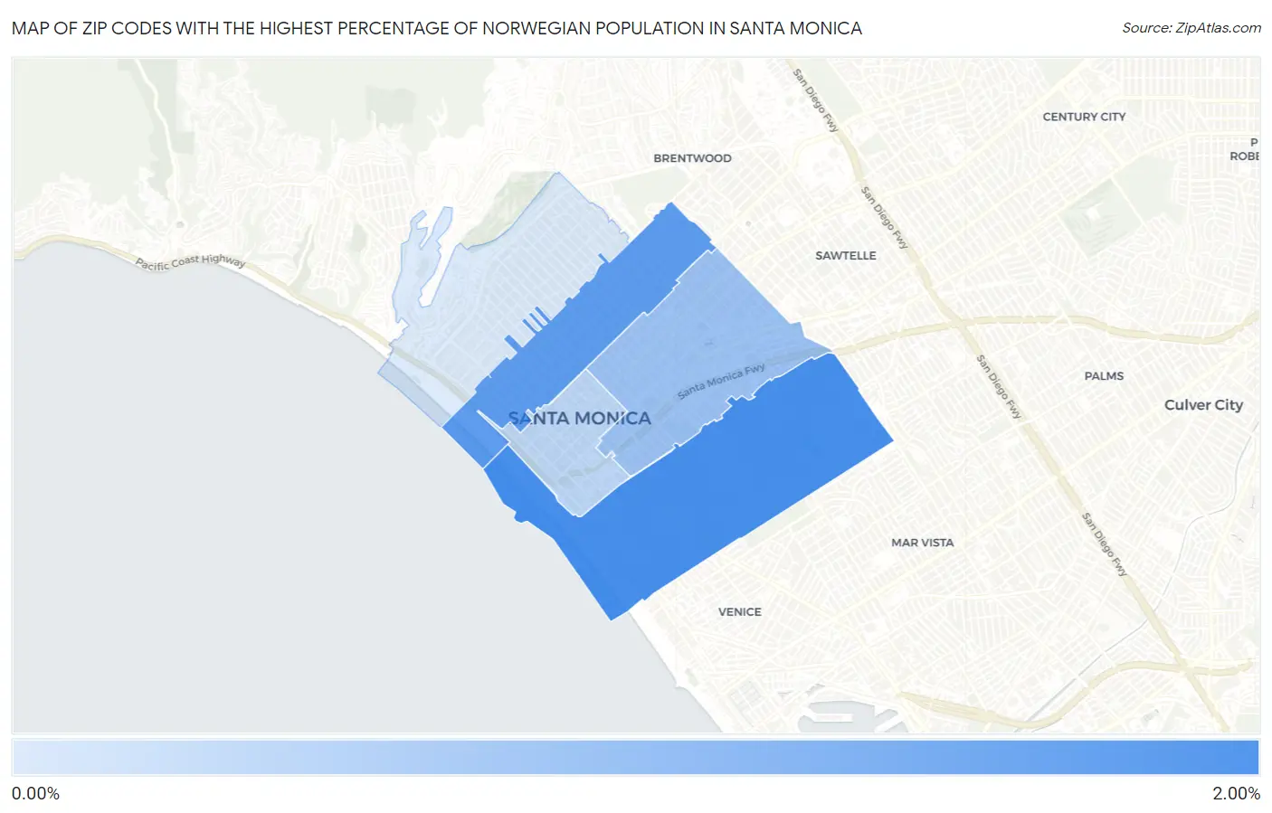 Zip Codes with the Highest Percentage of Norwegian Population in Santa Monica Map