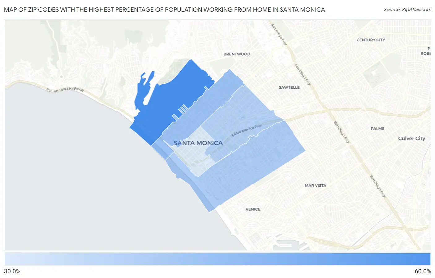 Zip Codes with the Highest Percentage of Population Working from Home in Santa Monica Map