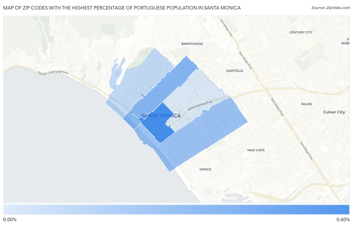 Zip Codes with the Highest Percentage of Portuguese Population in Santa Monica Map
