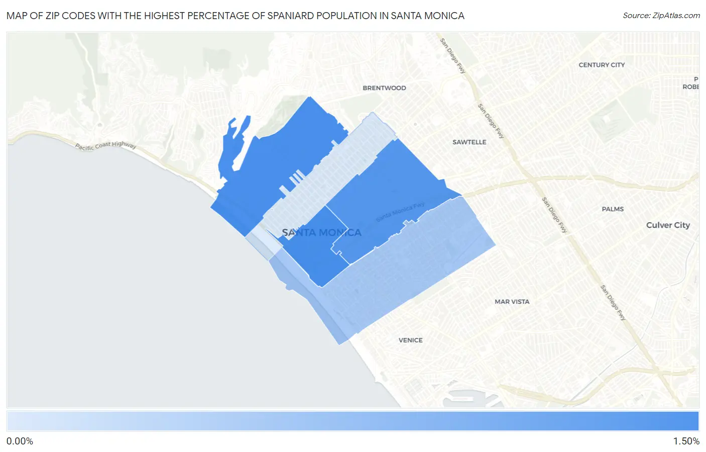 Zip Codes with the Highest Percentage of Spaniard Population in Santa Monica Map