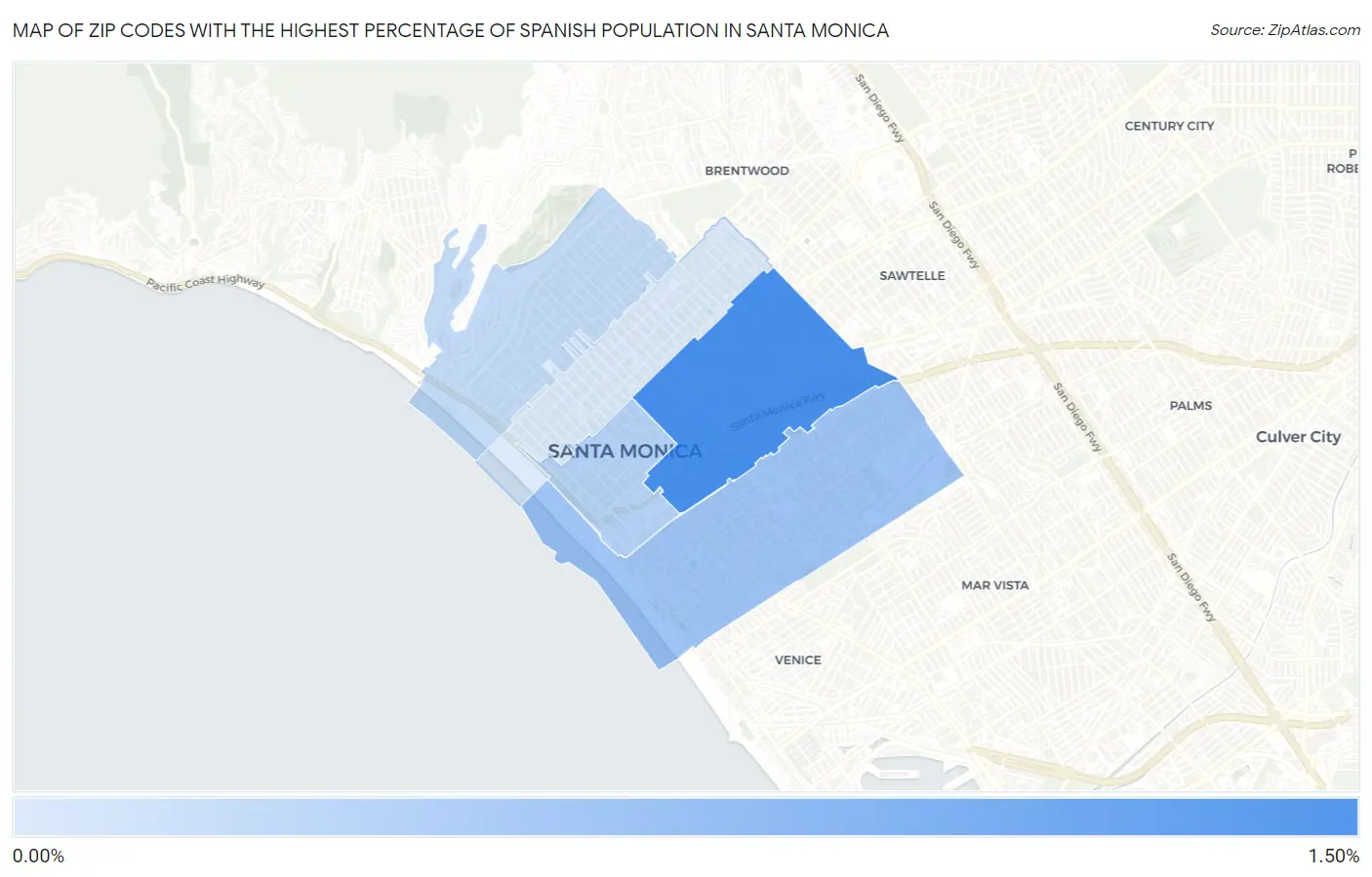 Zip Codes with the Highest Percentage of Spanish Population in Santa Monica Map