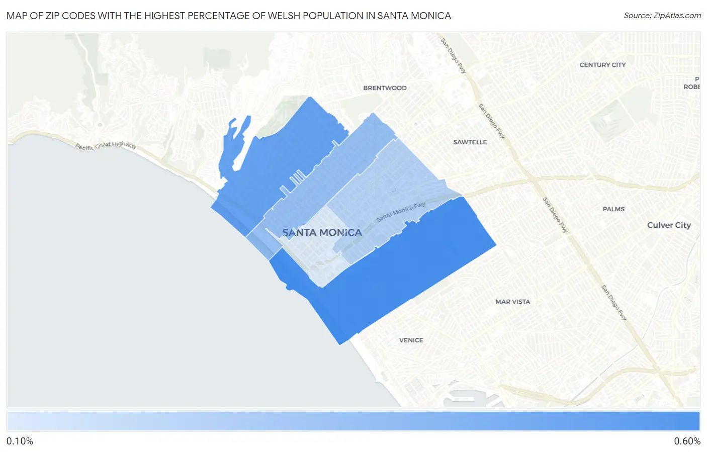 Zip Codes with the Highest Percentage of Welsh Population in Santa Monica Map