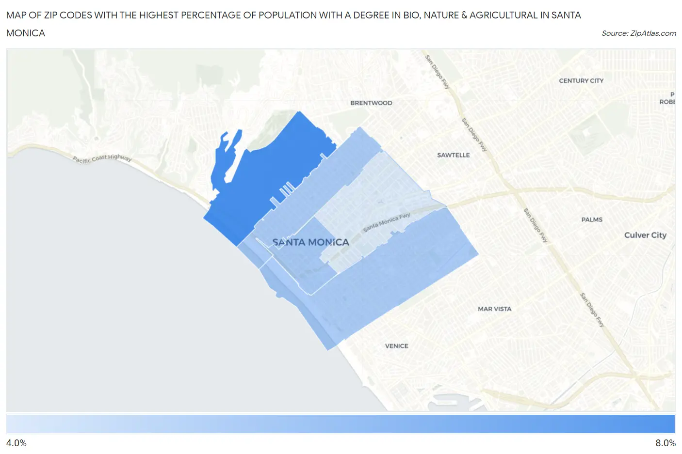 Zip Codes with the Highest Percentage of Population with a Degree in Bio, Nature & Agricultural in Santa Monica Map