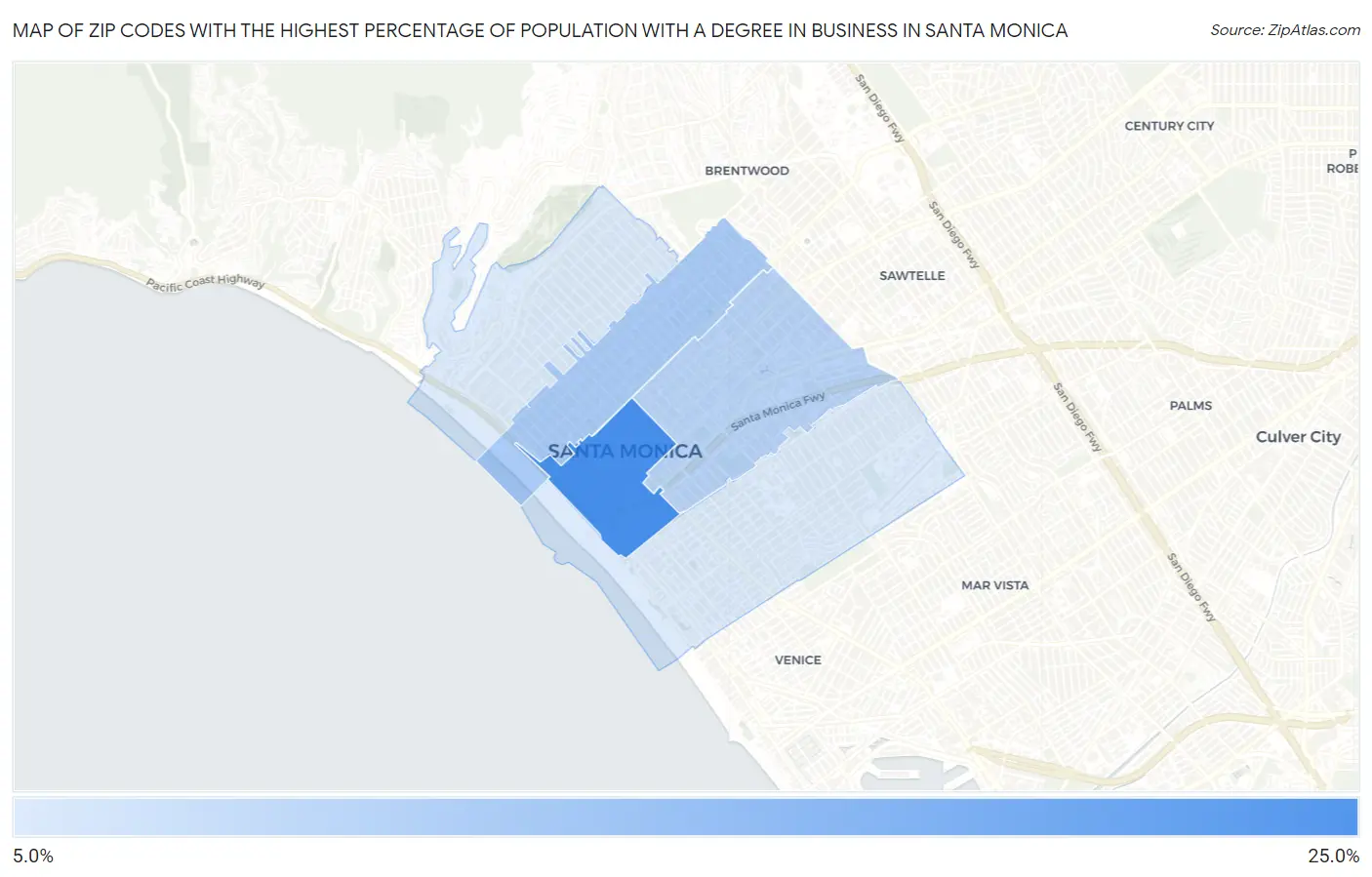 Zip Codes with the Highest Percentage of Population with a Degree in Business in Santa Monica Map