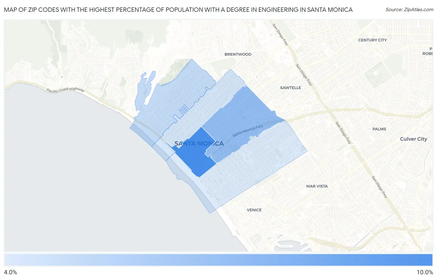 Zip Codes with the Highest Percentage of Population with a Degree in Engineering in Santa Monica Map
