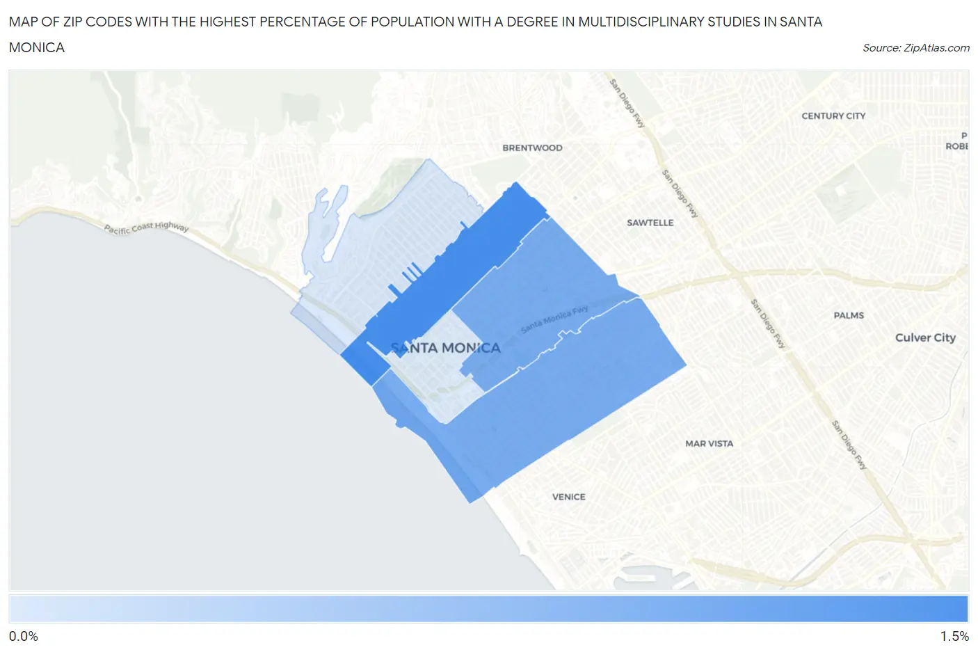 Zip Codes with the Highest Percentage of Population with a Degree in Multidisciplinary Studies in Santa Monica Map
