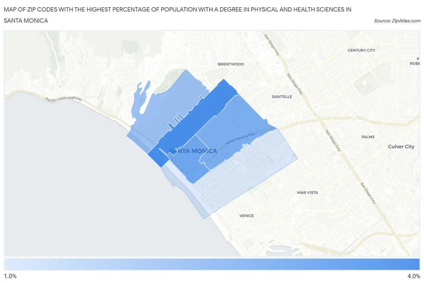 Zip Codes with the Highest Percentage of Population with a Degree in Physical and Health Sciences in Santa Monica Map