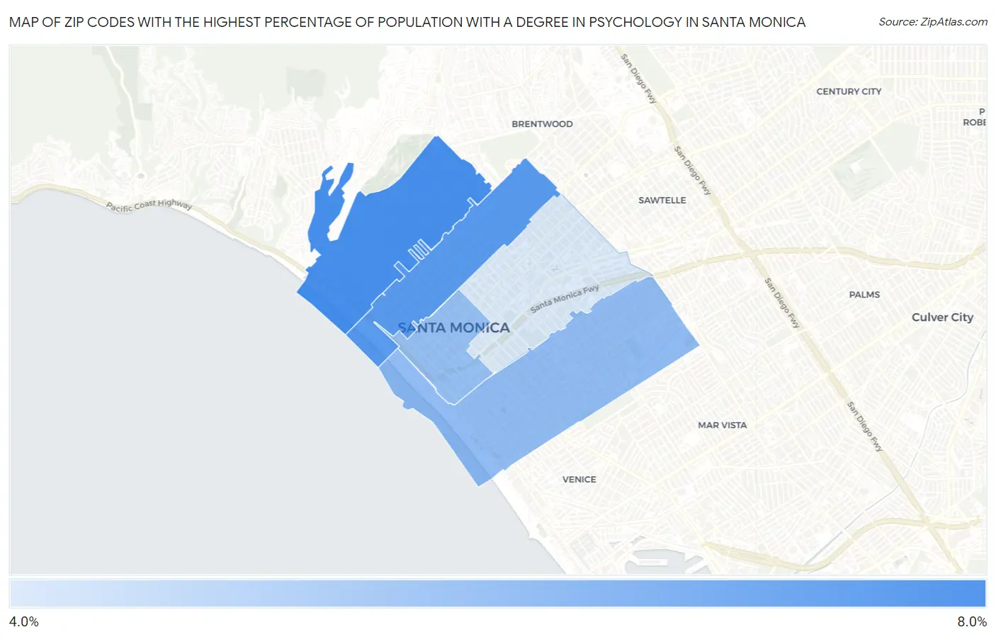 Zip Codes with the Highest Percentage of Population with a Degree in Psychology in Santa Monica Map