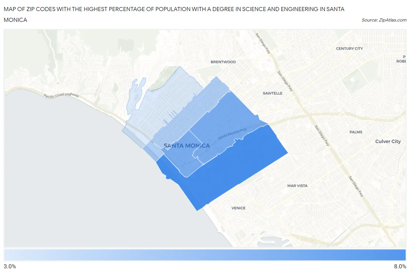 Zip Codes with the Highest Percentage of Population with a Degree in Science and Engineering in Santa Monica Map
