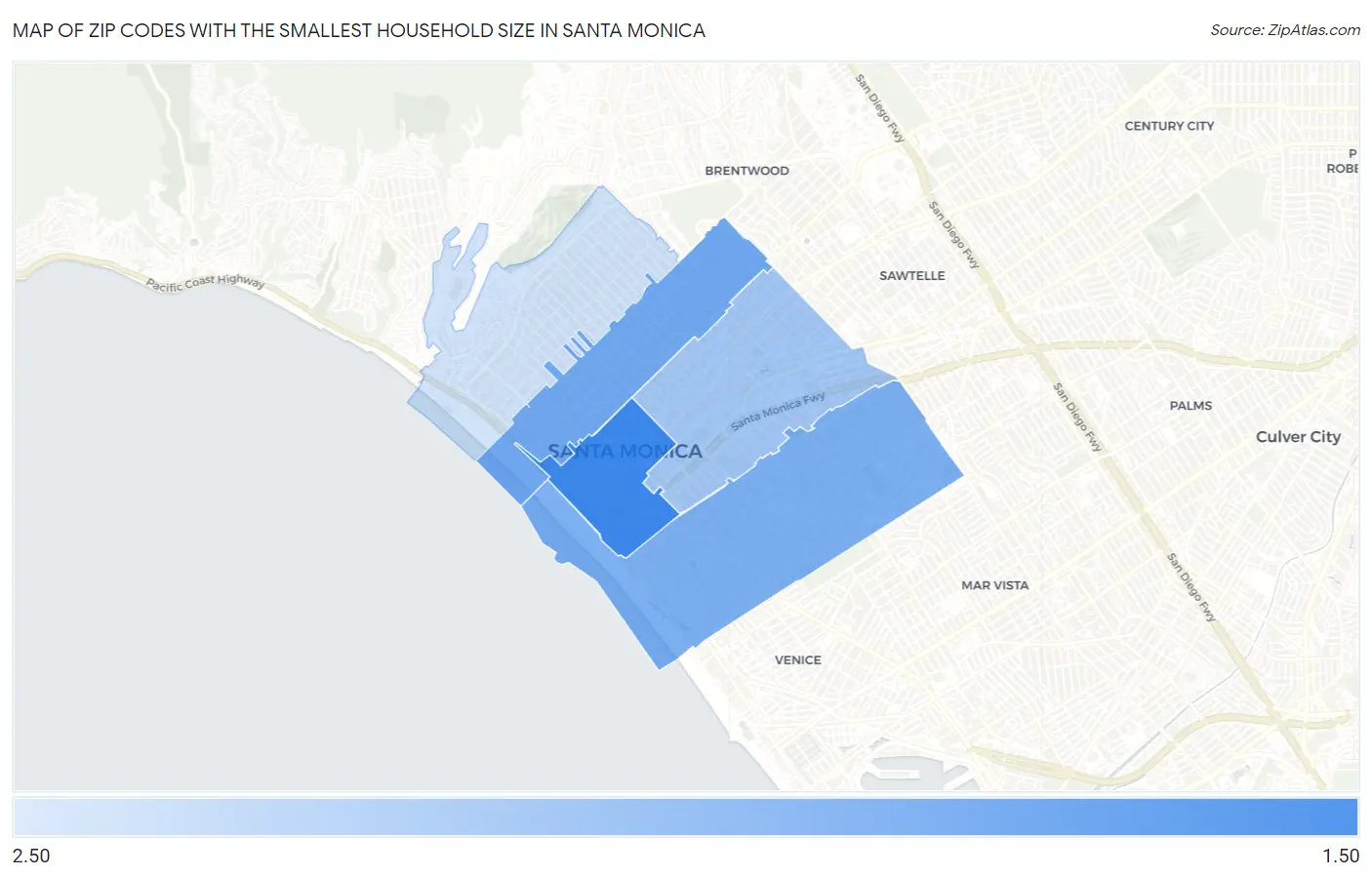 Zip Codes with the Smallest Household Size in Santa Monica Map
