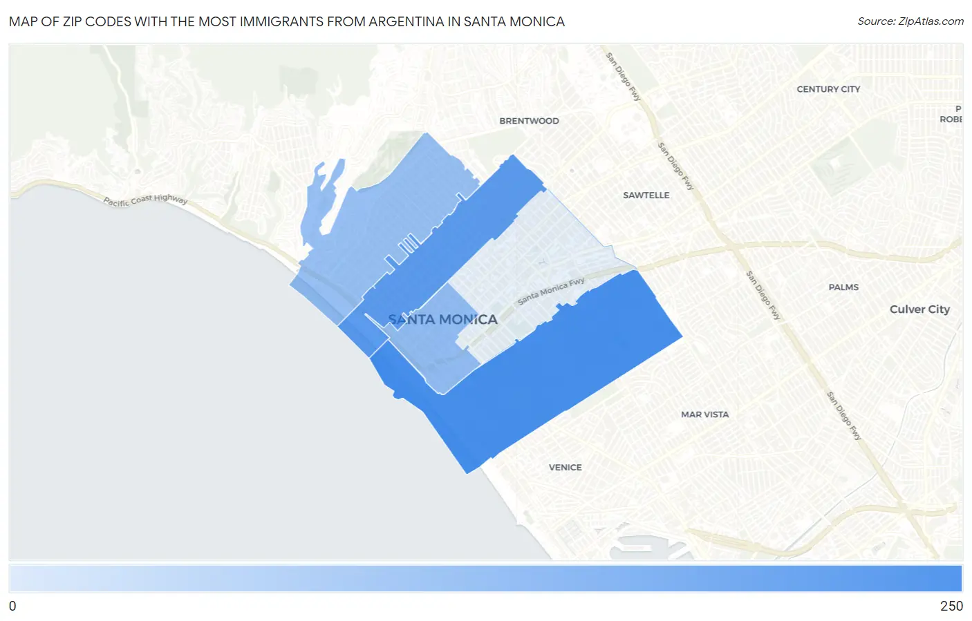 Zip Codes with the Most Immigrants from Argentina in Santa Monica Map