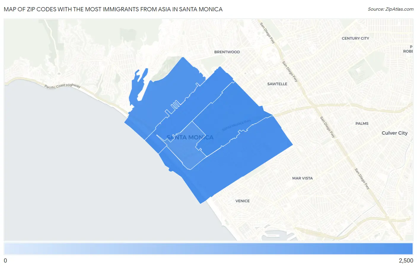 Zip Codes with the Most Immigrants from Asia in Santa Monica Map