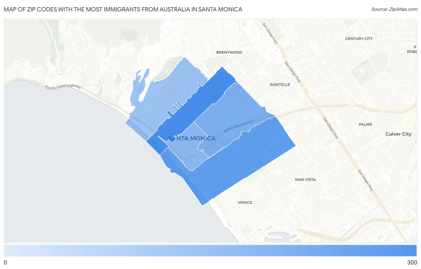 Zip Codes with the Most Immigrants from Australia in Santa Monica Map