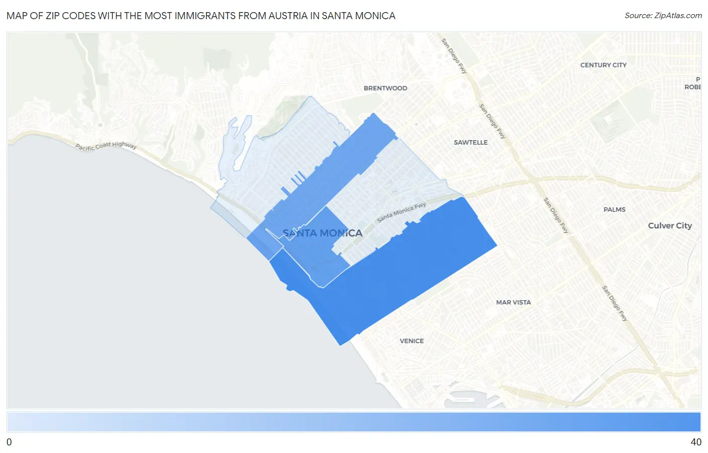 Zip Codes with the Most Immigrants from Austria in Santa Monica Map