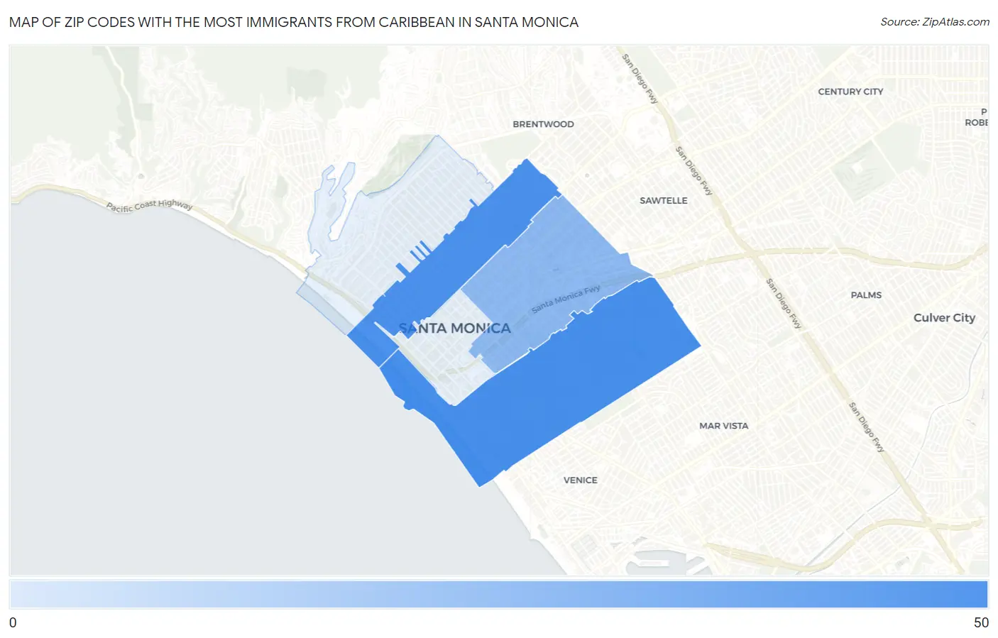 Zip Codes with the Most Immigrants from Caribbean in Santa Monica Map