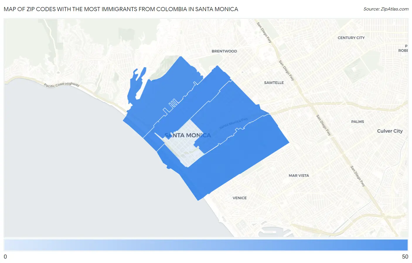 Zip Codes with the Most Immigrants from Colombia in Santa Monica Map
