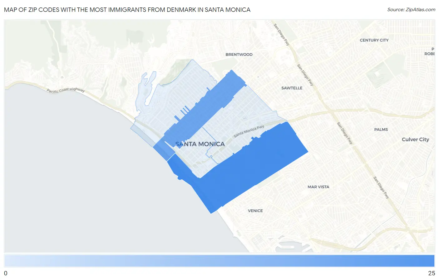Zip Codes with the Most Immigrants from Denmark in Santa Monica Map