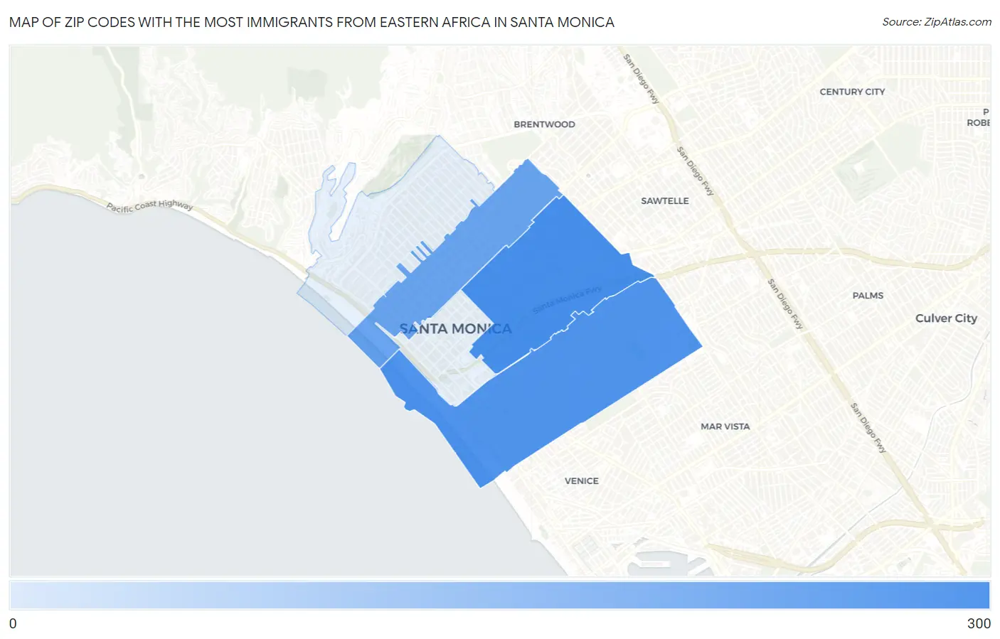 Zip Codes with the Most Immigrants from Eastern Africa in Santa Monica Map