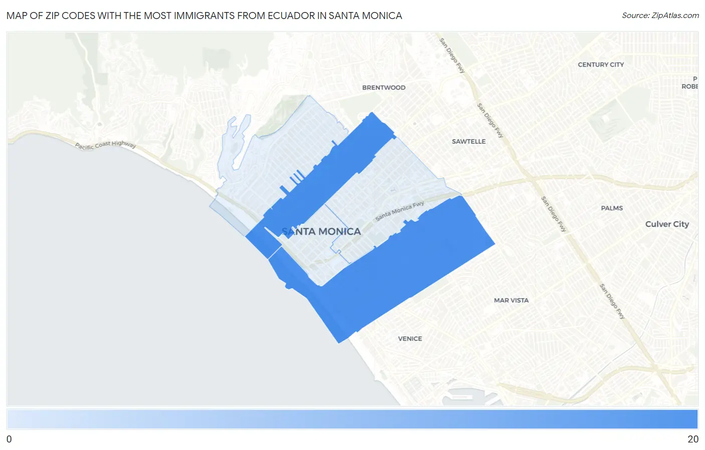 Zip Codes with the Most Immigrants from Ecuador in Santa Monica Map