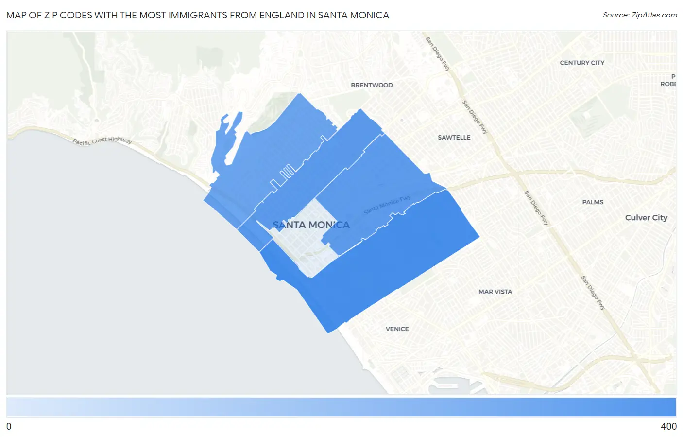 Zip Codes with the Most Immigrants from England in Santa Monica Map